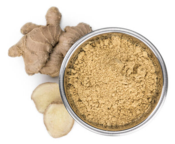Portion of ground ginger isolated on white background (selective focus)